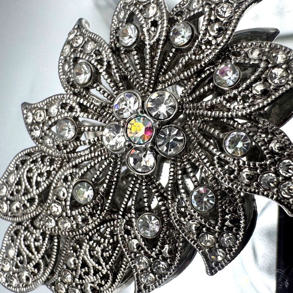 Monet Brooch Floral Rhinestone Silver Tone Filigree Vintage Jewelry 21g 2.5 in